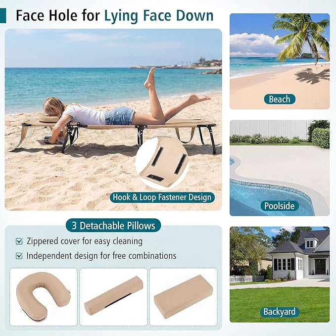 GYMAX Tanning Chair, Folding Lounge Chairs with Face Hole & Cover, Removable Pillow Carry Handle, Portable Compact Outdoor Layout Recliner for Beach, Poolside, Lawn, Patio, Camping (Sand,1)
