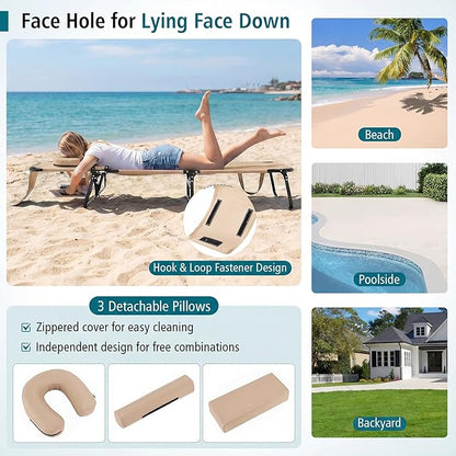 GYMAX Tanning Chair, Folding Lounge Chairs with Face Hole & Cover, Removable Pillow Carry Handle, Portable Compact Outdoor Layout Recliner for Beach, Poolside, Lawn, Patio, Camping (Sand,2)