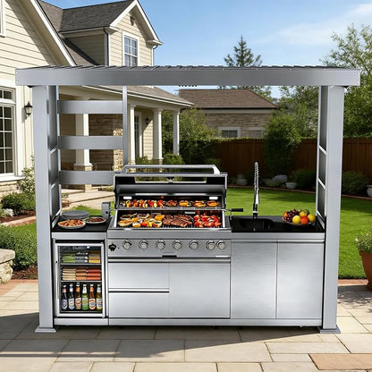 108" Outdoor Kitchen Island Crafted from Stainless Steel,6-Burner 85,000 BTU Propane Grill,Rotisserie Oven,Galvanized Steel Roof,Granite Countertops,Refrigerator,Storage Cabinets,Sink.(Propane Gas)