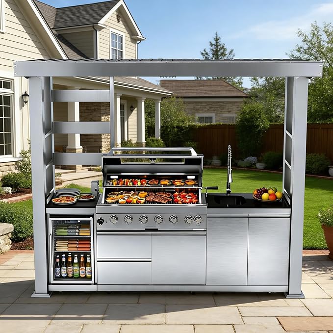 108" Outdoor Kitchen Island Crafted from Stainless Steel,6-Burner 85,000 BTU Natural Gas Grill,Rotisserie Oven,Refrigerator,Galvanized Steel Roof,Granite Countertops,Storage,Sink.(Natural Gas)