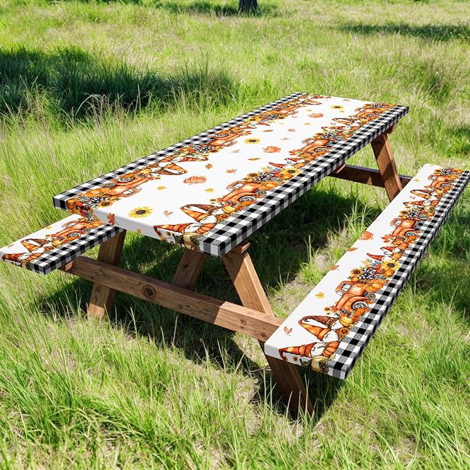 Fall Picnic Table Cover with Bench Covers, Camping Essentials, Buffalo Plaid Thanksgiving Pumpkin Waterproof Windproof, Fitted Tablecloth Cover with Elastic Edge, Indoor & Outdoor, 3 PCS, 30x60 Inch