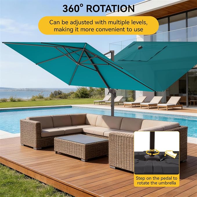 9x12 FT Cantilever Patio Umbrella with Base, Large Rectangular Offset Outdoor Umbrella with 360° Rotation, Heavy Duty Shade Umbrella for Garden Backyard Deck Poolside Courtyard, Turquoise