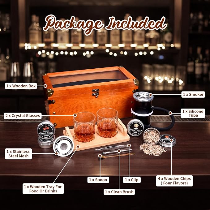 Electric Old Fashioned Smoker Kit, Whiskey Smoker Kit with Wooden Smoke Box, Cocktail Smoker Kit Infuse Rich Smoky in Bourbon&Cocktail, Home Bar Birthday Whiskey Gift for Men, Dad, Husband, Boyfriend