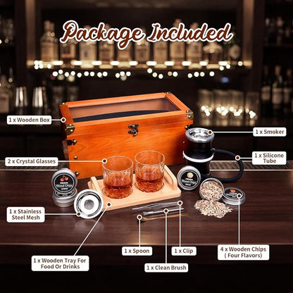 Electric Old Fashioned Smoker Kit, Whiskey Smoker Kit with Wooden Smoke Box, Cocktail Smoker Kit Infuse Rich Smoky in Bourbon&Cocktail, Home Bar Birthday Whiskey Gift for Men, Dad, Husband, Boyfriend