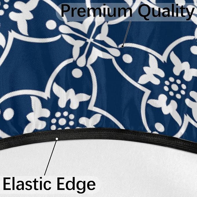Navy Blue Mandala Outdoor Round Fitted Tablecloth with Umbrella Hole and Zipper, 45"-56" Elastic Patio Table Cloth Oil-Proof Waterproof Patio Table Cover for Picnic Party Camping