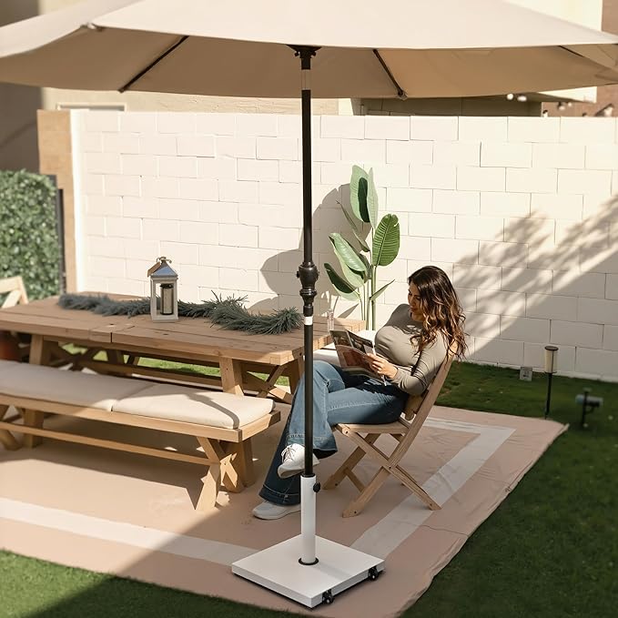 Patio Umbrella Base with Wheels, 43lbs White Outdoor Umbrella Stand | With 2 Wheels, Square Heavy Duty Base, Suitable for 6-12FT Market & Fringe Umbrella, for Deck, Lawn, Pool