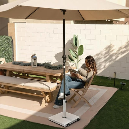 Patio Umbrella Base with Wheels, 43lbs White Outdoor Umbrella Stand | With 2 Wheels, Square Heavy Duty Base, Suitable for 6-12FT Market & Fringe Umbrella, for Deck, Lawn, Pool