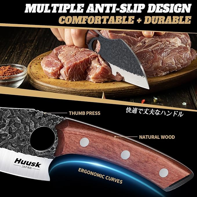 Huusk Butcher Knife Set of 3- Japanese Knife Set for Meat Cutting, Hand Forged Viking Knives Sets with Meat Cleaver, Heavy-Duty Kitchen Knives Sets for Bone BBQ Vegetable, Gift Idea for Men & Women