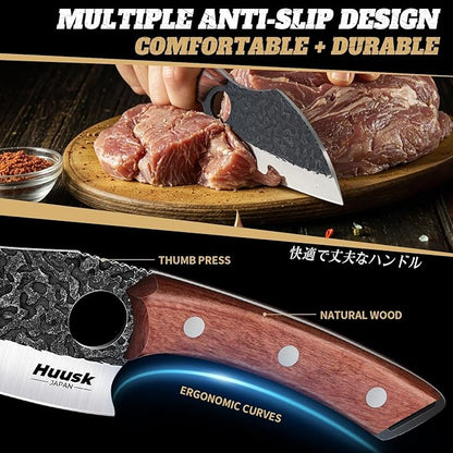 Huusk Butcher Knife Set of 3- Japanese Knife Set for Meat Cutting, Hand Forged Viking Knives Sets with Meat Cleaver, Heavy-Duty Kitchen Knives Sets for Bone BBQ Vegetable, Gift Idea for Men & Women
