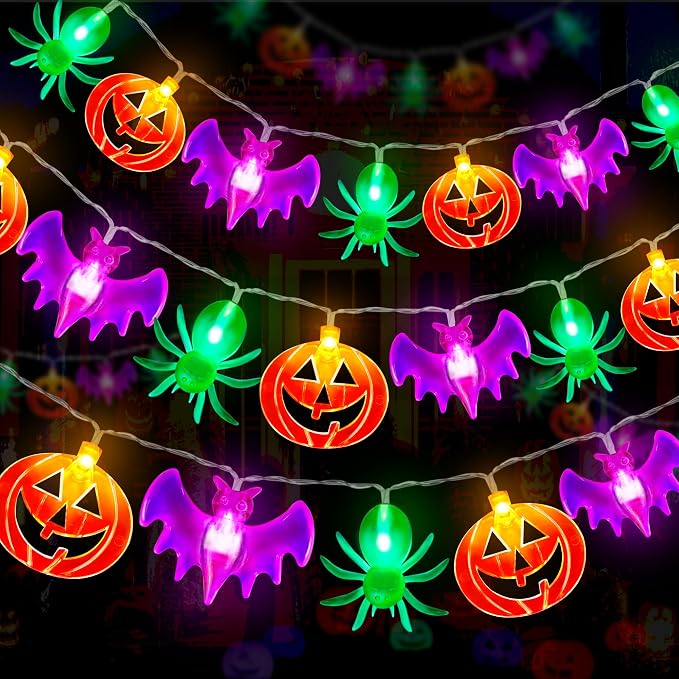 2 Pack Halloween Lights Outdoor Indoor Decorations Total 40FT 60 LED Pumpkin Bat Spider Halloween String Lights Battery Operated, 8 Modes Waterproof Cute Fairy Lights for Home Office Outside Decor