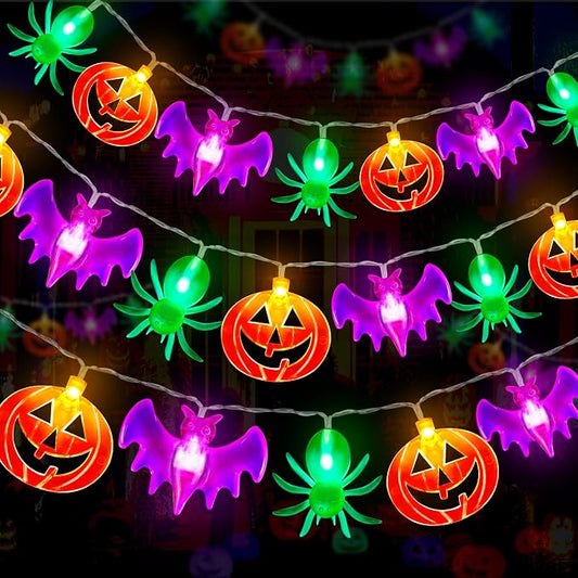 2 Pack Halloween Lights Outdoor Indoor Decorations Total 40FT 60 LED Pumpkin Bat Spider Halloween String Lights Battery Operated, 8 Modes Waterproof Cute Fairy Lights for Home Office Outside Decor