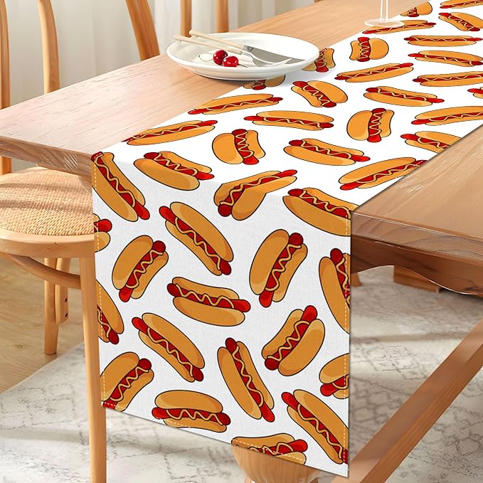 Vohado Hot Dog Table Runner Hot Dog Birthday Party Decoration Sausage Food BBQ Dining Room Home Kitchen Island Decor