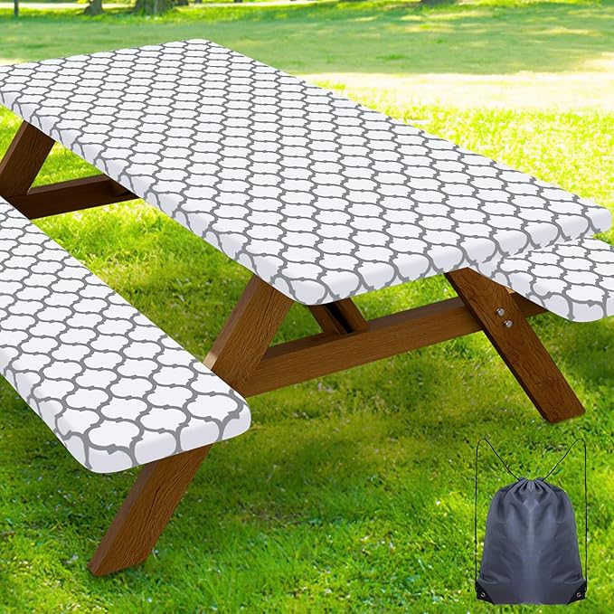 Smiry Picnic Table Cover with Bench Covers, Waterproof Elastic Fitted Tablecloth for 5 Foot Tables, Washable Polyester Tablecloths for Camping, Indoor & Outdoor (White, 30x60 Inch 3-pc Set)