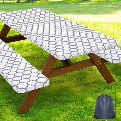 Smiry Picnic Table Cover with Bench Covers, Waterproof Elastic Fitted Tablecloth for 8 Foot Tables, Washable Polyester Tablecloths for Camping, Indoor & Outdoor (White, 30x96 Inch 3-pc Set)