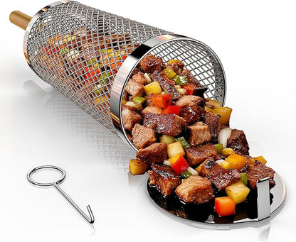 Rolling Grill Basket-Small,304 Stainless Steel Grill Basket with Removable Wooden Handle,BBQ Tool & Smoker Accessory for Veg & Shrimp,Ideal for Outdoor Cooking,Camping & Gifts for Dad/Husband/Men,9*4*4 inches(For 1-2 People)