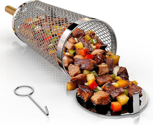 Rolling Grill Basket-Small,304 Stainless Steel Grill Basket with Removable Wooden Handle,BBQ Tool & Smoker Accessory for Veg & Shrimp,Ideal for Outdoor Cooking,Camping & Gifts for Dad/Husband/Men,9*4*4 inches(For 1-2 People)