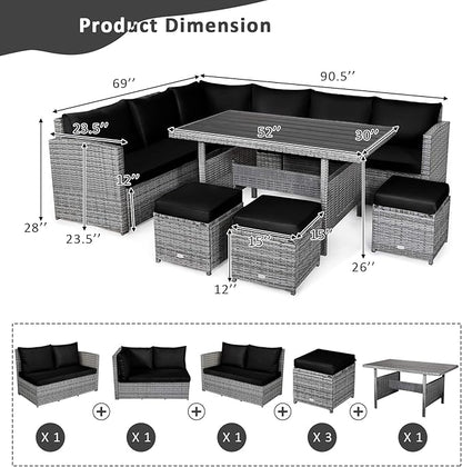Tangkula 7 Pieces Patio Furniture Set, Outdoor Sectional Rattan Sofa Set with Cushions, All Weather Wicker Conversation Couch Set w/Dining Table & Ottomans for Backyard Garden Poolside, Black