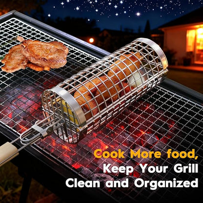 2 Pcs Rolling Grill Baskets for Outdoor Grill Accessories, BBQ Grilling Basket for Vegetables Shrimp Kebob, Thickened Stainless Steel Mesh, Split-Body Design, Perfect Grill Gift for Men, Dad, Husband