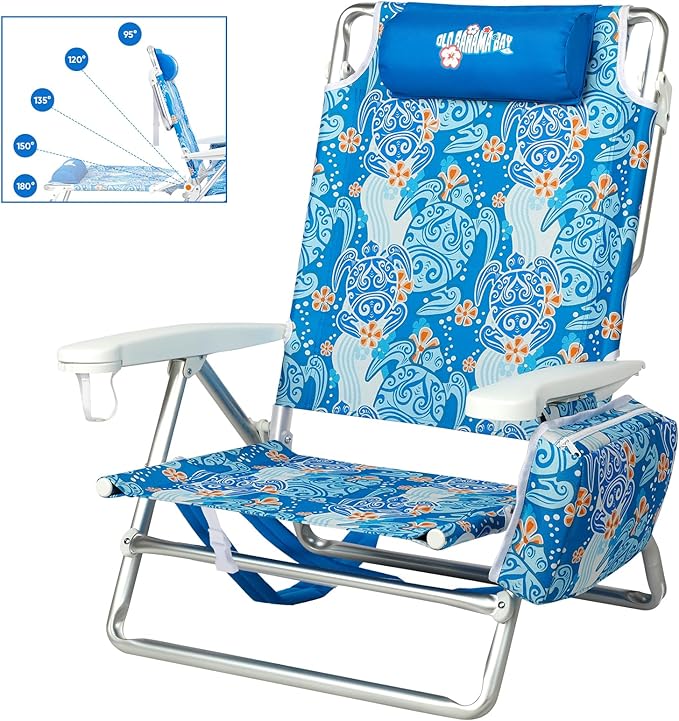 Old Bahama Bay Backpack Beach Chair, Aluminum Lightweight Reclining 5-Position Lounge Chair for Adults Heavy Duty Support 400 LBS Portable Folding with Cooler Bag Camping Chair for Sand Outdoor