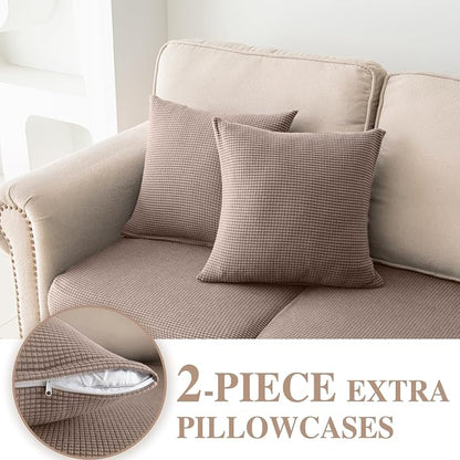 LA MEACK Couch Cushion Covers for Sectional Sofa L Shape Washable Separate Seat Chaise Couch Cover Stretch Sofa Slipcovers with 2 Pcs Pillowcases(3 Seater + 1 Chaise, Khaki)
