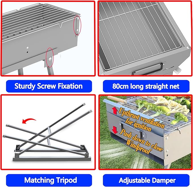 Portable Charcoal Grills, Alloy Steel BBQ Grill with Foldable Stand Adjustable Air Vents, Kebab Skewer BBQ Barbecue Grill Kit for Garden Backyard Party Picnic Travel Outdoor Use (31.6x7.1inch)