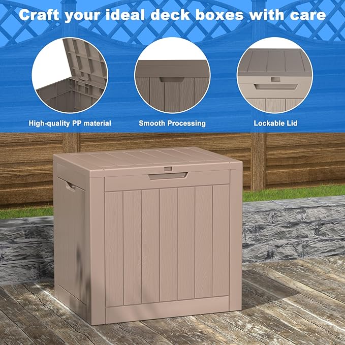 PatioZen 35 Gallon Deck Box Outdoor, Weatherproof Resin Patio Storage Box, Waterproof Outdoor Storage Boxes with Lid Lockable for Cushions, Garden Tools,Grey