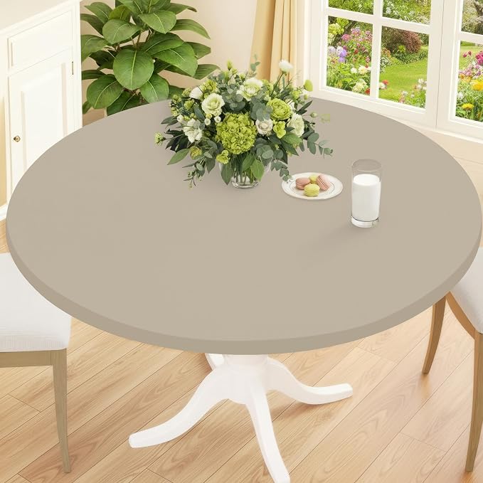 Smiry Round Spandex Tablecloth, Elastic Fitted Washable Tablecloths for 45"-56" Tables, Waterpoof Stretch Picnic Table Cover for Dining, Indoor and Outdoor, Taupe
