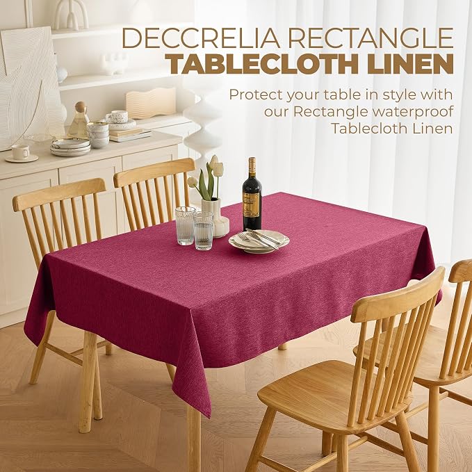 Decorelia Christmas Red Waterproof Faux Linen Rectangle Tablecloth, Spillproof Outdoor Reusable Table Cloth for Patio,Holiday,Banquet,Party,Buffet Dinner (Oblong,60 x 120 Inch (10-12 Seats),Burgundy)