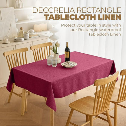 Decorelia Christmas Red Waterproof Faux Linen Rectangle Tablecloth, Spillproof Outdoor Reusable Table Cloth for Patio,Holiday,Banquet,Party,Buffet Dinner (Oblong,60 x 120 Inch (10-12 Seats),Burgundy)