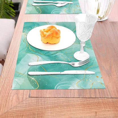 Teal Gold Marble Placemats Set of 4, Linen 12"x18" Green Turquoise | Place Table Mat Washable Heat Resistant For Kitchen Dining Holiday Party Modern Home Decor