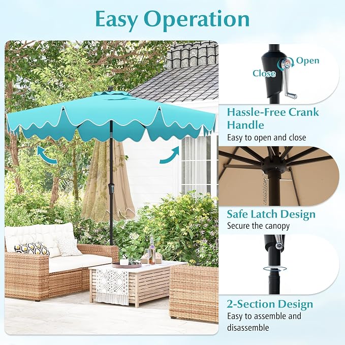 Tangkula 9Ft Patio Umbrella with Crank, 2-Tier Outdoor Umbrella with Push Button Tilt, Sun-Protective Canopy, 8 Ribs, Scalloped Patio Umbrella for Outdoor Beach Deck Pool Table (Turquoise)