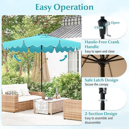 Tangkula 9Ft Patio Umbrella with Crank, 2-Tier Outdoor Umbrella with Push Button Tilt, Sun-Protective Canopy, 8 Ribs, Scalloped Patio Umbrella for Outdoor Beach Deck Pool Table (Turquoise)