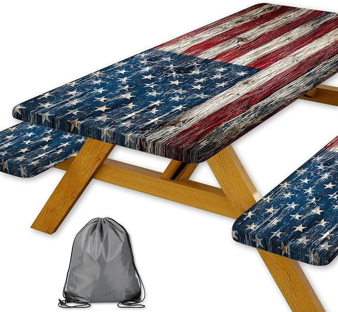 American Flag Picnic Table Cover with Bench Covers and Bag | Elastic Edges Wood Texture Waterproof Camping Tablecloths Fitted Picnic Table Cover for Outdoor, Camping, 3PCS Set 30x60 Inch