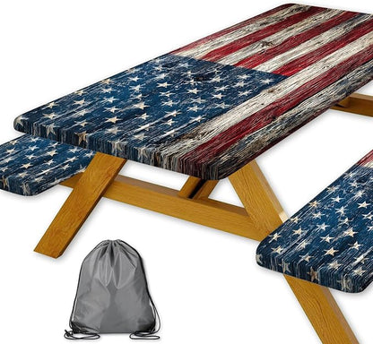 American Flag Picnic Table Cover with Bench Covers and Bag | Elastic Edges Wood Texture Waterproof Camping Tablecloths Fitted Picnic Table Cover for Outdoor, Camping, 3PCS Set 30x60 Inch