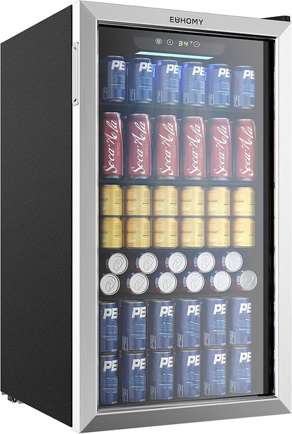 EUHOMY Wine Cooler, 128 Can Wine Fridge with Glass Door for Soda Beer or Wine, Mini Fridge for Home, Office, Bar with Adjustable Removable Shelves, Silver