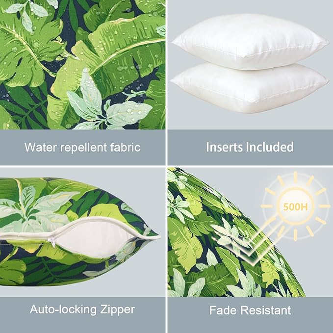 LVTXIII Outdoor Throw Pillows Set of 2, Patio Waterproof Pillows Fade Resistant Accent Pillows for Home and Garden Furniture Decoration, 16"x16", Jungle Leaves