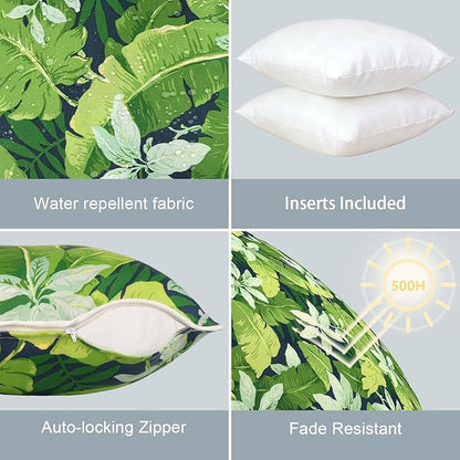 LVTXIII Outdoor Throw Pillows Set of 2, Patio Waterproof Pillows Fade Resistant Accent Pillows for Home and Garden Furniture Decoration, 16"x16", Jungle Leaves