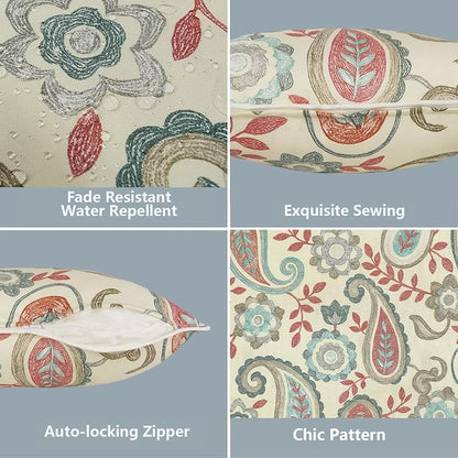 LVTXIII 2 Pack Outdoor Lumbar Pillow Covers 12x20 Inch with Piping, Water-Repellent Back Cushion Covers ONLY for Patio Furniture, Sofa, Garden Bench, Paisley Vintage