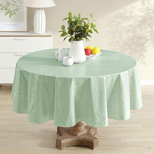 Newbridge Napa Leaf Sage Green Vinyl Flannel Backed Tablecloth, 70 Inch Round, Hotel Quality Waterproof Indoor Outdoor Table Cover for Kitchen, Patio, Dining, BBQ