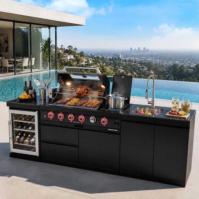 98" 4-Burner Modular Outdoor Kitchen Island, 72000 BTU Propane Gas Grill | 4 Burners & Side Stove, Rear Infrared, Granite Countertop, Fridge, 360°Faucet,304 Sink, Rotisserie, Storage Cabinet