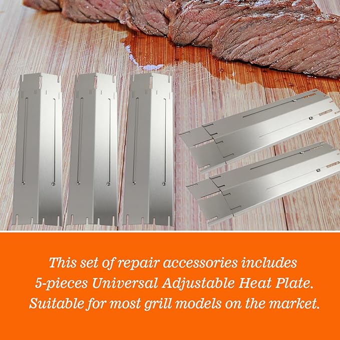 Upgraded Universal Adjustable Stainless Steel Grill Parts, Heat Plate Shield, Flavorizer Bar, Heat Tent, Burner Cover, Flame Tamer Replacement For Gas Grill, Extends from 11.75" up to 21" L（5 Pcs）