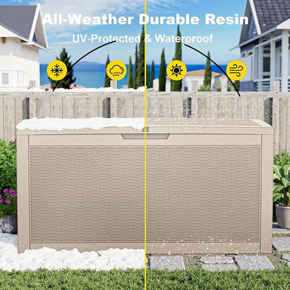 ROJIK 120 Gallon Waterproof Outdoor Deck Storage Box, Lockable Resin Patio Storage Bin with Lid for Garden Tools, Patio Cushions & Outdoor Accessories(Grey)