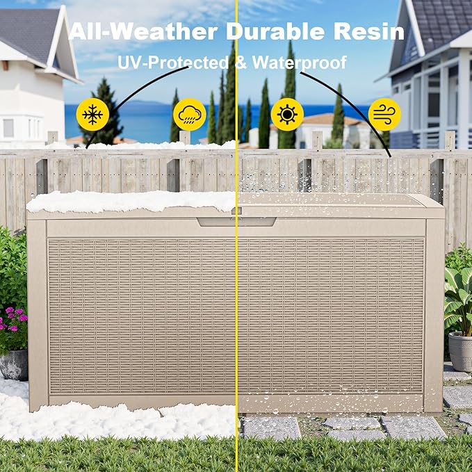 120 Gallon Large Outdoor Storage Box Waterproof, UV Resistant Resin Deck Box with Hydraulic Rod for Patio Furniture,Garden Tools,Cushions, Easy to Install（Grey）