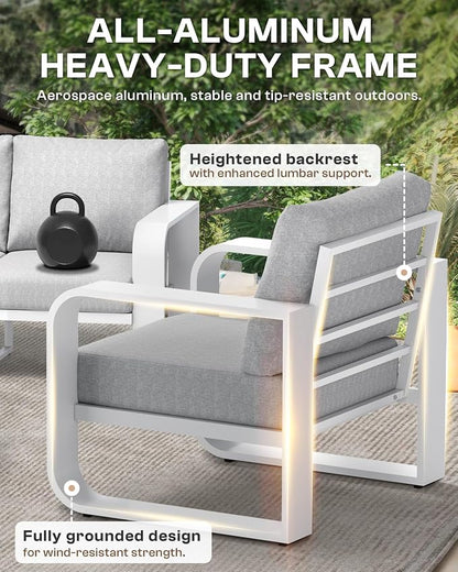 Oversized Aluminum Outdoor Furniture Set, Extra Large Patio Furniture Sofa Set 4.8” Widened Armrest & Ultra-Thick Cushions, 5 Pcs Modern Patio Sectional for Backyard, Porch, White