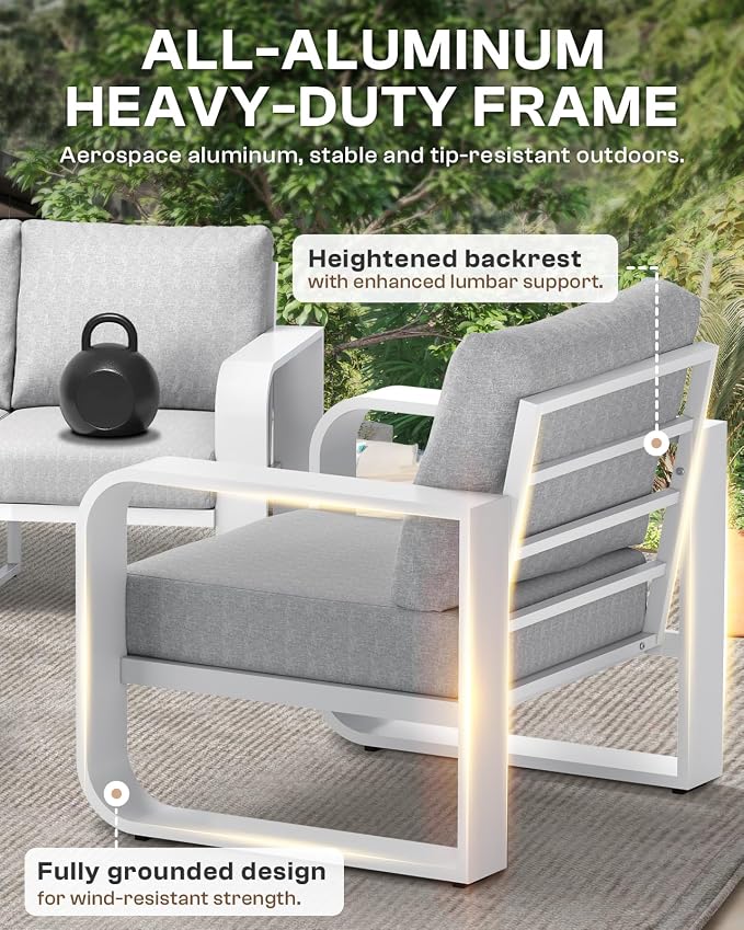 Oversized Aluminum Outdoor Furniture Set, Extra Large Patio Furniture Sofa Set 4.8” Widened Armrest & Ultra-Thick Cushions, 4 Pcs Modern Patio Sectional for Backyard, Deck, White