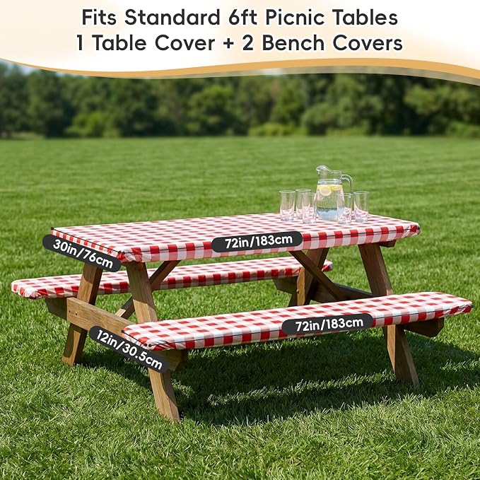 SquarePie Picnic Table Cover with Bench Covers - Waterproof Fitted Elastic Tablecloth for 6 FT Tables - Washable Polyester Camping Table Cloth for Outdoor Patio RV BBQ (Red Checkered, 30"x72")