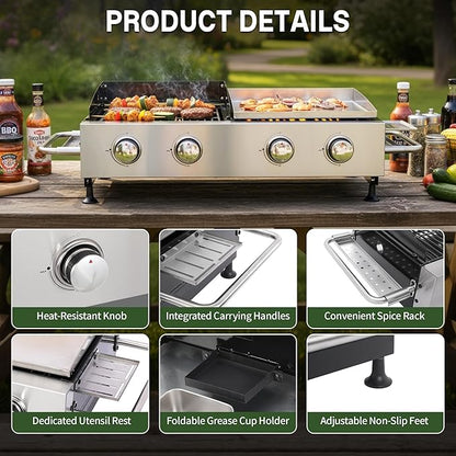 Gas Grill and Griddle Combo, 4-Burner Propane Grill with Cast Iron Grates and Stainless Steel Griddle, 40,000 BTU Tabletop Grill Griddle Combo for Outdoor BBQ, Camping, Tailgating