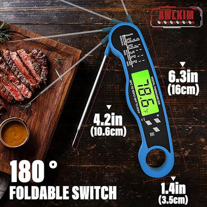 Fast Instant Read Meat Thermometer with Backlight - Waterproof Digital Food Probe for Grilling, Cooking, Baking & Candy Making - Kitchen & BBQ Essential（Blue）