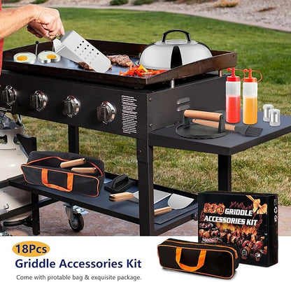 18Pcs Griddle Accessories Kit for Blackstone, Joyfair Flattop Grilling Accessory Set with Smash Burger Press, Stainless Steel Spatula Tools with Basting Cover for Outdoor BBQ Cooking (Wooden Handles)