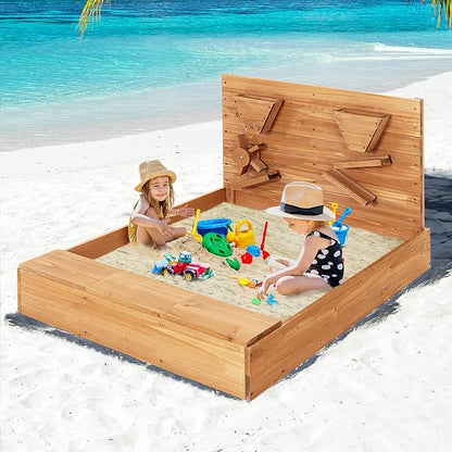 Costzon Kids Sandbox, Wooden Sand Pit w/Storage Boxes & Protective Bottom Liner, Outdoor Sand Box for Kids Age 3+ Backyard Garden Beach (with Sand Wall)
